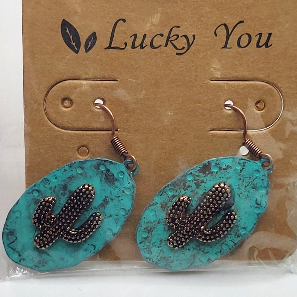 Southwestern Cactus On Blue Patina Brushed Oval Earring New In Package Lucky You